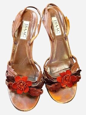 Isaac Leather Brown Slingback Sandals‎ with Red Floral Accent